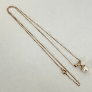 14K Yellow Gold Genuine Cream Pearl Small Pendant Chain Necklace 17"